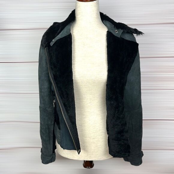 Armani Exchange Charcoal Leather Suede Moto Bomber Jacket Fur Collar Satin Back - Picture 7 of 15